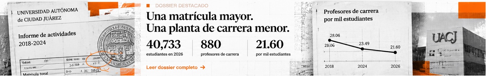 Dossier destacado: Una matrícula mayor. Una planta de carrera menor. 40,733 estudiantes en 2026, 880 profesores de carrera, 21.60 por mil estudiantes. Leer dossier completo.